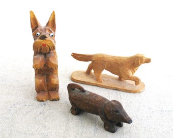 Carved Folk Art Dog Sculptures, Miniature Animal Figurines, Canine Lover's Hostess Gift