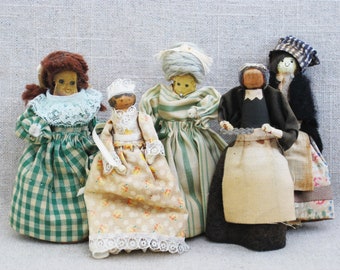 Primitive Folk Art Vintage Dolls, Toys Clothes Pin Female Figures Antique Handmade Rustic Cabin Décor Hostess Gift