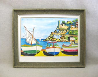Colorful Sailboat Ocean Landscape Painting, Original Gouache, Framed Nautical Vintage Wall Art Kids Room Décor