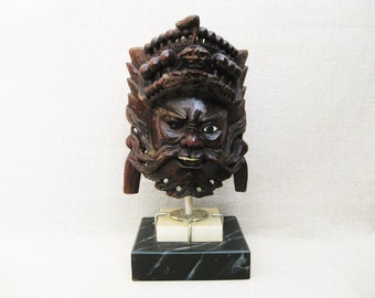 Vintage Asian Mask Sculpture Wooden Folk Art Portrait Mounted on Base