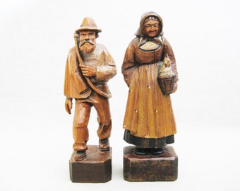 European Figure Carvings, Folk Art Male Female Wood Sculpture, Vintage Portrait Rustic Cabin Décor Hostess Gift