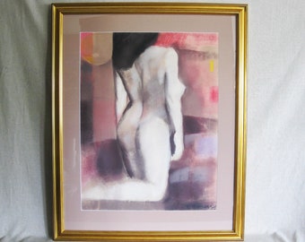 Vintage Female Portrait Nude Pastel Drawing on Paper Large Framed Contemporary Original Fine Art