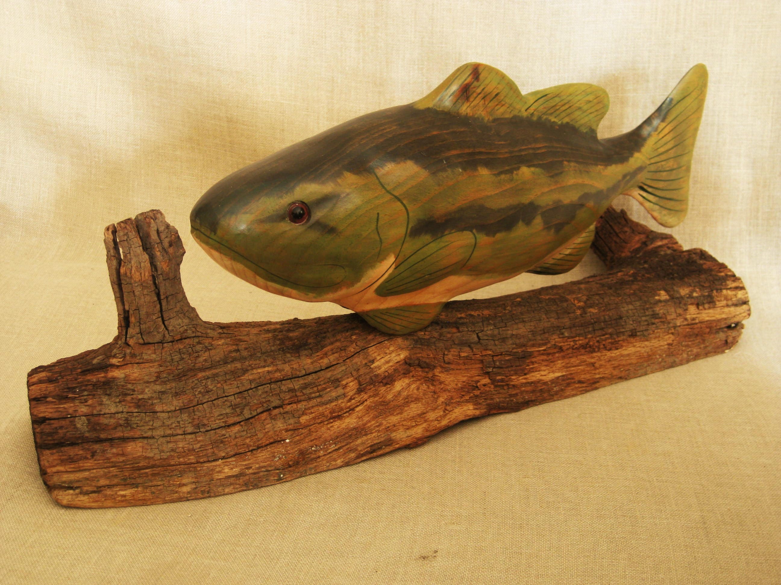 Vintage Hand Carved Wood Bass Sculpture, Folk Art Fish, Life Size