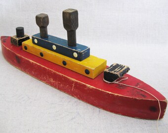 Vintage Wooden Boat Folk Art Sculpture, Toy Steam Ship