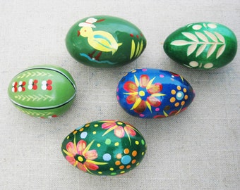 Vintage Wooden Eggs, Hand Painted Folk Art Easter Decor, European Style