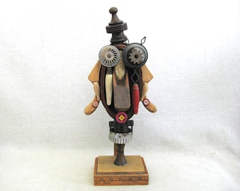 Owl Assemblage Sculpture, Folk Art Found Object Wildlife Art