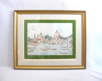 Architectural Landscape Etching, Original Framed Venice Italy Vintage European Wall Art