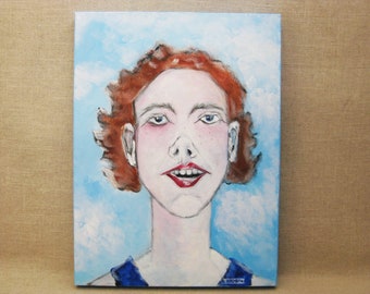 Contemporary Female Portrait Painting, Original Fine Wall Art, Cute Red Head Ginger on Stretched Canvas 12 x 16