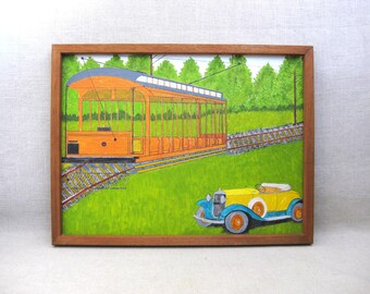 Colorful Train Painting, Original Landscape Wall Art, Framed Vintage Kids Room Cabin Décor