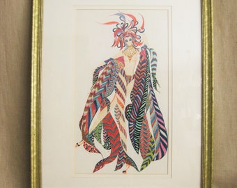 Colorful Female Portrait Fashion Illustration, Framed Original Vintage Fine Art Costume Design