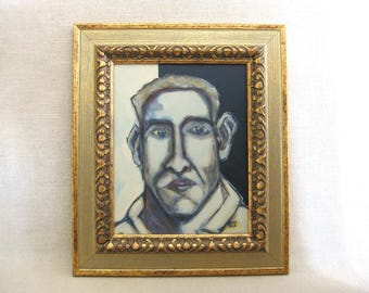 Masculine Male Portrait Painting, Original Framed Wall Art 8 x 10, Gold Frame Home Décor Gift of Art