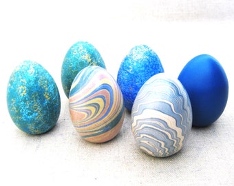 Modern Blue Painted Easter Eggs, Wooden Decorative Set of 6, Vintage Basket Filler Chicken Size Kitchen Décor Gift