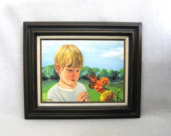 Colorful Child Male Portrait Painting, Original Boy, Garden Landscape with Butterfly Framed Wall Art