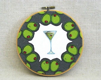 Martini Hoop Art Hand Embroidery, Cocktail Wall Art, Hand Stitched Bar Décor Hostess Gift