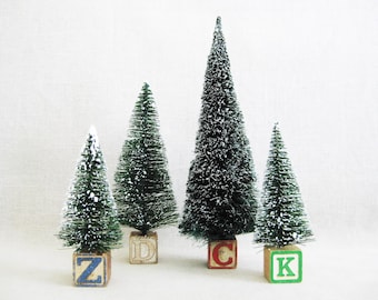 Vintage Bottle Brush Christmas Trees, on Antique Wooden Alphabet Blocks Mantle Holiday Décor