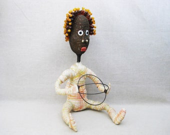 Primitive Folk Art Female Doll Baby Sculpture, Embroidered Cloth Art Figures, Housewarming Gift