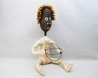 Vintage Folk Art Female Portrait Doll Baby Sculpture Embroidered Cloth Primitive Art Dolls