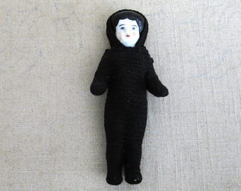 Vintage Ceramic Doll Frozen Charlotte Antique Female in Crocheted Body Suit