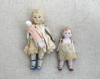Vintage Bisque Dolls Trio of Baby, Boy, Older Sister, Antique Miniatures, Marked Japan Germany