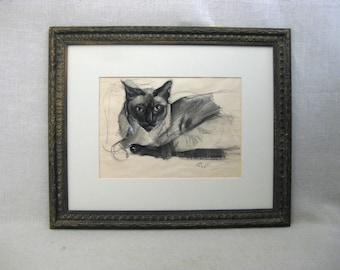 Vintage Siamese Cat Charcoal Drawing, Miguel Valdesberea, Framed Original Fine Art