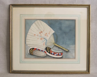 Asian Still Life Watercolor Painting, Original Framed Vintage Fan Wall Art Feminine Chinoiseries Home Décor