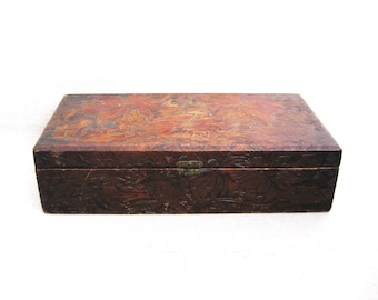 Folk Art Wooden Box, Pyrography Flemish Arts, Large 15 Inch Vintage Storage and Organization, Rustic Décor
