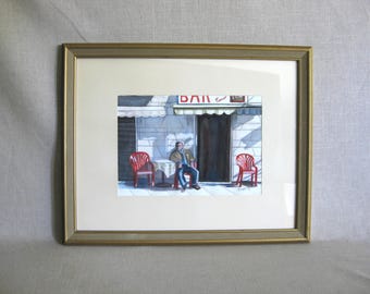 Vintage Male Portrait Watercolor Painting, Framed Wall Art, Colorful Urban Landscape Masculine Home Décor