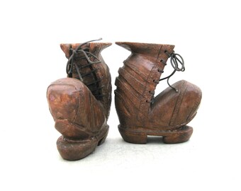 Vintage Folk Art Boot Carving Wood Sculpture, Miniature Pair Primitive Rustic Home Décor Hostess Gift