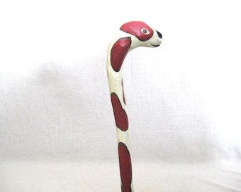 Vintage Dog Head Carved Folk Art Wooden Cane, Colorful Animal Walking Stick