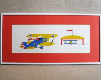 Modern Airplane Print, Framed Silk Screen Wall Art, Frederick Allen Original Kids Room and Nursery, Décor Baby Gift