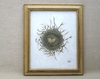 Original Birds Nest Painting Framed Fine Art Ornithologist Library Décor Romantic Love Housewarming Gift