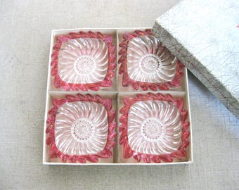 Vintage Nut Candy Dish, Clear Glass w Red Edge, Ashtray Group Original Box, Mid-Century