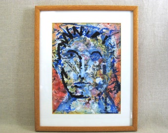 Abstract Male Portrait Painting, Original Framed Gouache Wall Art, Contemporary Home Décor