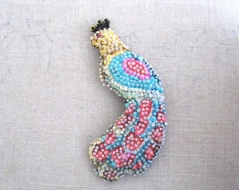 Vintage Peacock Brooch Beaded Sequin Felt Pin Coat and Jacket Lapel Embellishment