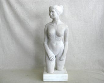 Vintage Female Figure Stone Carving Sculpture, Large Portrait Statue Handmade OOAK