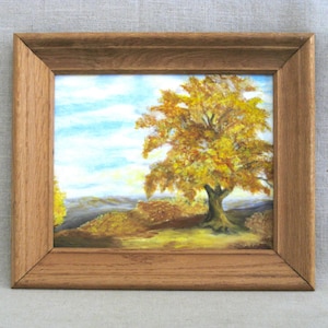 Fall Landscape Painting, Framed Original Vintage Wall Art, Rustic Cabin and Farm Décor Small Art Gift