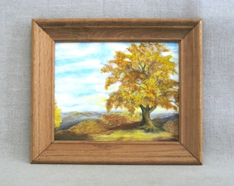 Fall Landscape Painting, Framed Original Vintage Wall Art, Rustic Cabin and Farm Décor Small Art Gift
