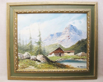 Vintage Landscape Painting European Alpine Mountain Scene Framed Original Wall Art Cabin Mountain Home Décor