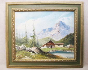 European Mountain Landscape Painting, Original Snowy Alpine Scene Framed Vintage Wall Art Cabin Mountain Home Décor