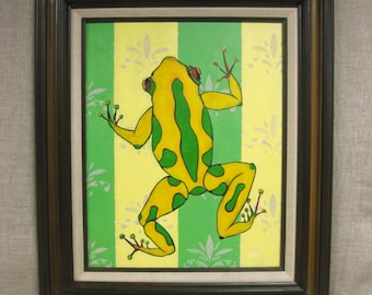 Colorful Frog Painting, Original Framed Tropical Wall Art Amphibian Home Décor Green