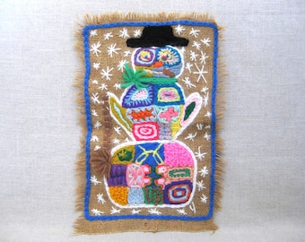 Snowman Wall Hanging, Contemporary Hand Embroidery, Vintage Christmas Holiday Winter Home Décor