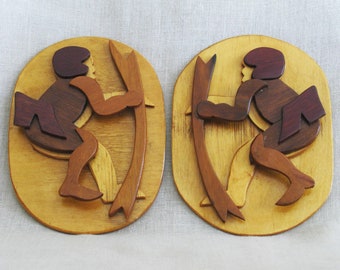 Vintage Folk Art Cupid Plaque Set Male Portrait Wood Carvings, Rustic Cabin Decor, Archery