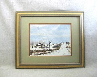 Snowy Winter Landscape Watercolor Painting, Vintage Original Barb Kenyon Framed Wall Art Cabin Home Décor