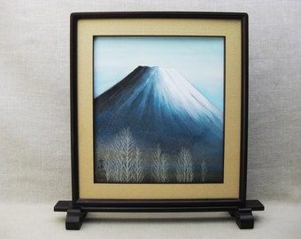 Original Mt Fugi Landscape, Pastel Drawing, Japanese Landmark, Framed Vintage Asian Fine Art in Hama Frame