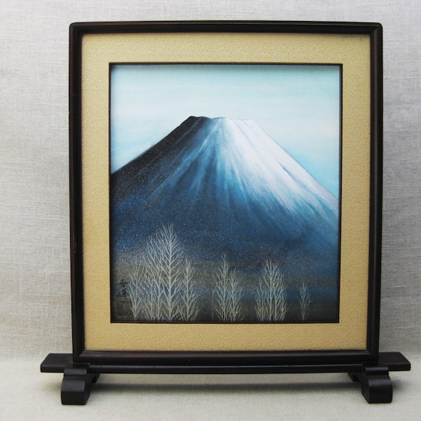 Vintage Landscape Pastel Drawing of Mt Fugi Japanese Landmark Framed Original Asian Fine Art in Hama Frame