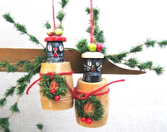 Folk Art Cat Tree Ornaments Small Assemblage Christmas Sculpture Rustic cabin and Farm Holiday Décor