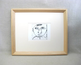 Modern Male Portrait Engraving, Framed Original Wall Art, Large Ross Brodar Contemporary Home Décor