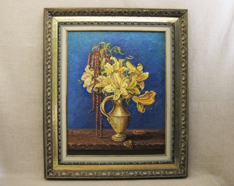 Large Floral Still Life Painting, Original Yellow Flower Wall Art, Lilies Framed Home Décor