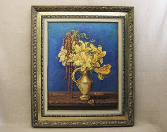 Vintage Flower Painting Floral Still Life Yellow Lilies Framed Original Fine Art