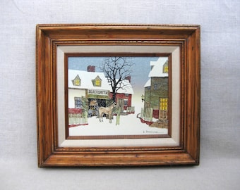 Vintage Winter Landscape Serigraph Painting Hargrove, Framed Farm Cabin Décor